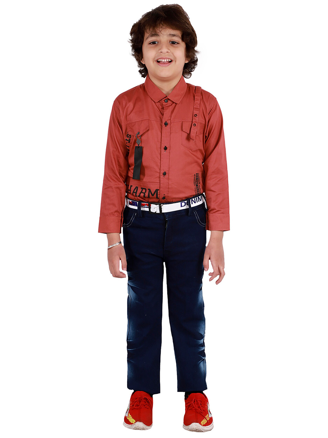 

FOURFOLDS Boys Red & Navy Blue Printed Shirt with Trousers
