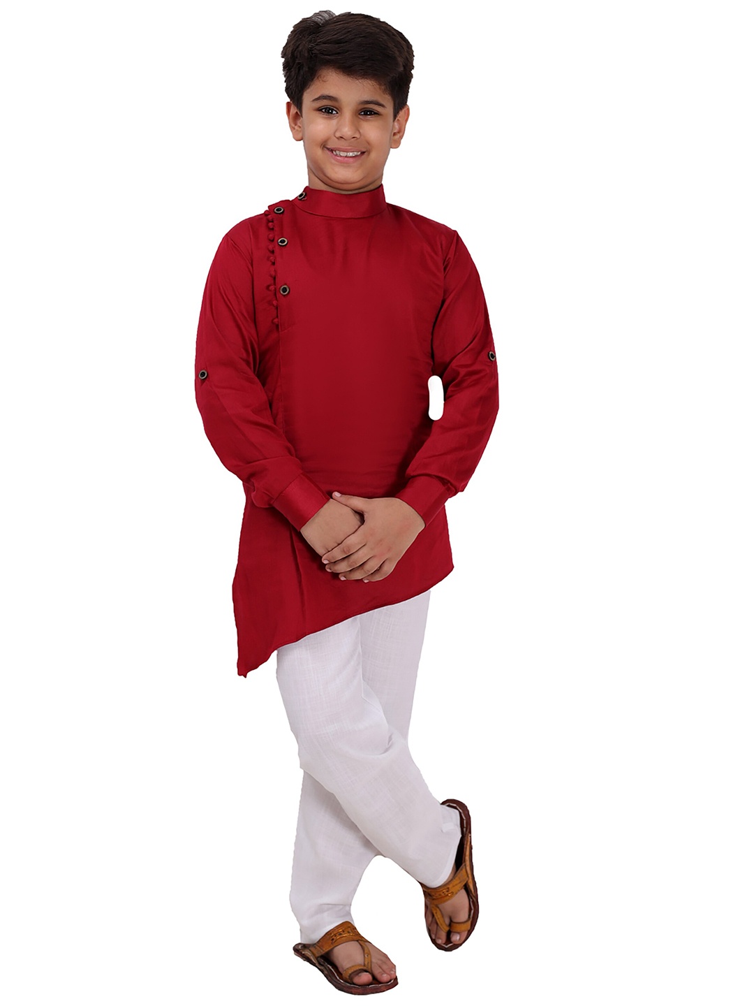 

FOURFOLDS Boys Maroon & White Kurta With Pyjamas