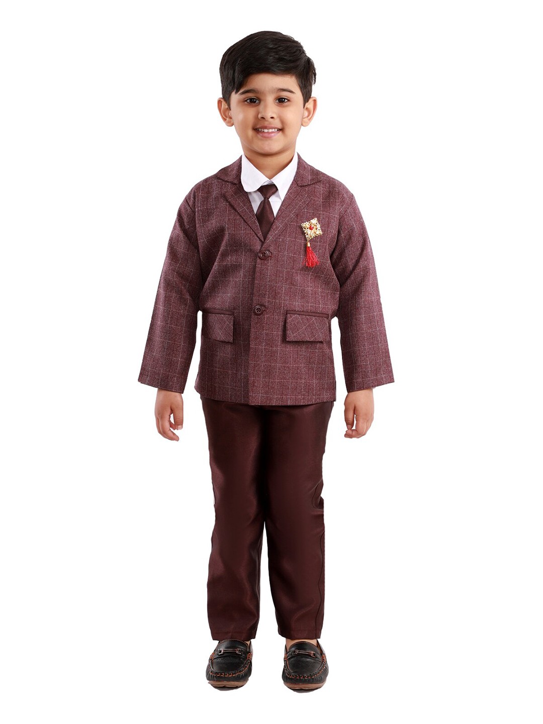 

FOURFOLDS Boys Maroon & White Checked Coat with Trousers