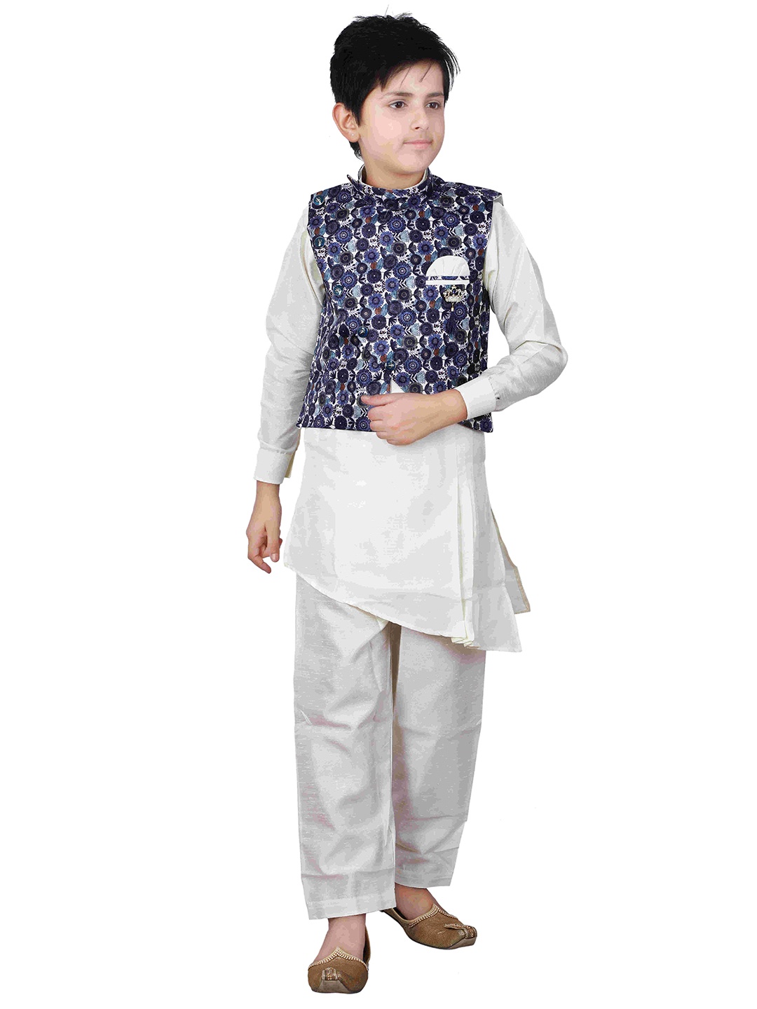 

FOURFOLDS Boys Navy Blue & White Printed Kurta Pyjama With Nehru Jacket