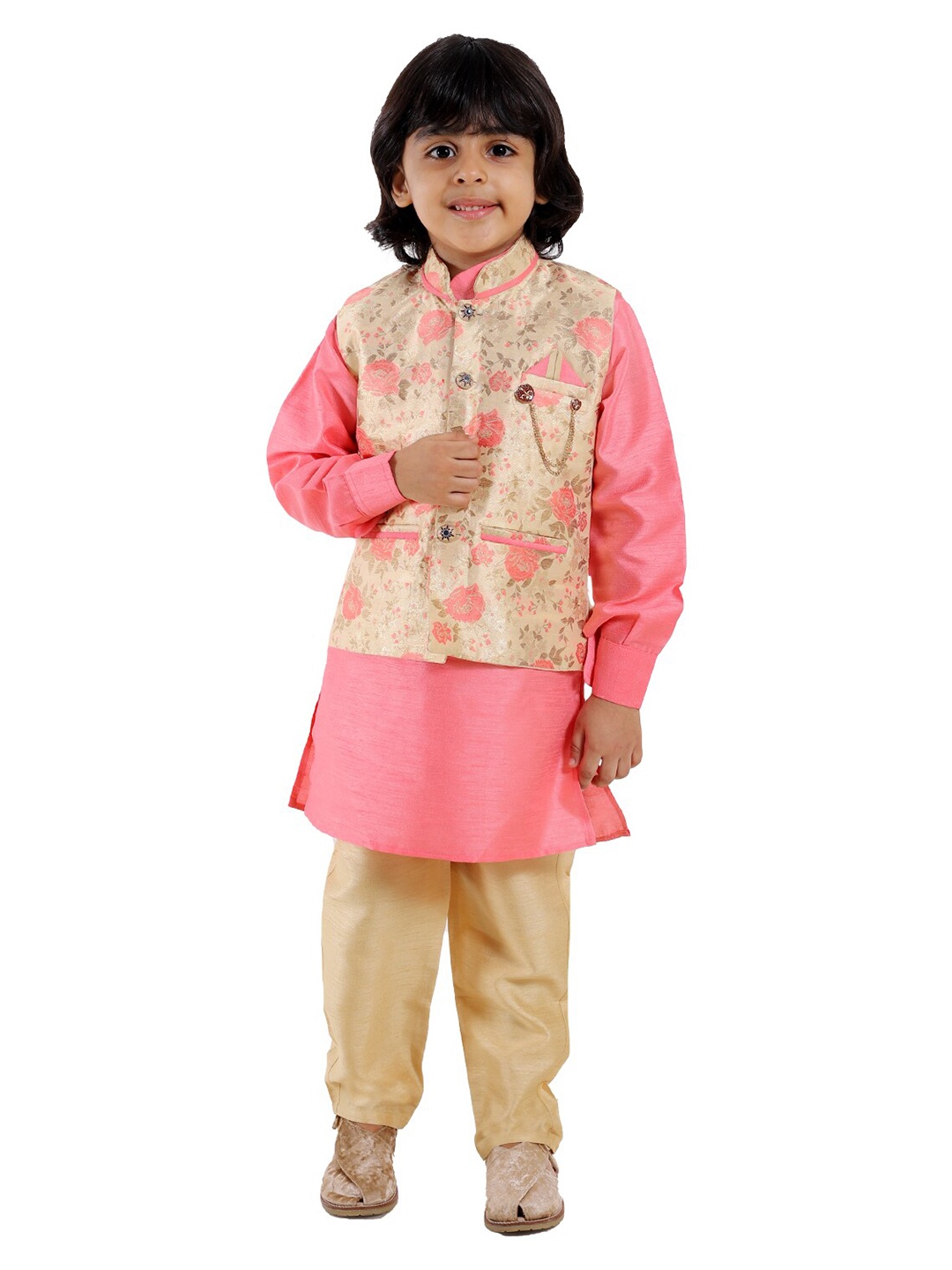 

FOURFOLDS Boys Kurta Pyjama with Waistcoat, Pink