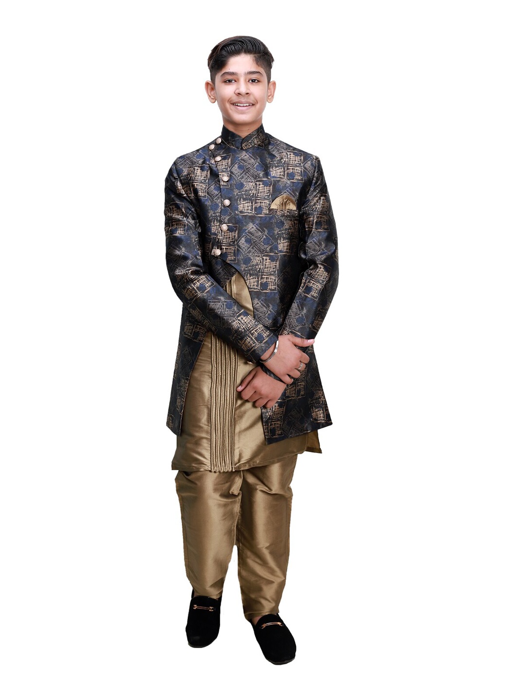 

FOURFOLDS Boys Navy Blue & Gold-Toned Printed 3-Piece Jodhpuri Bandhgala Sherwani Set