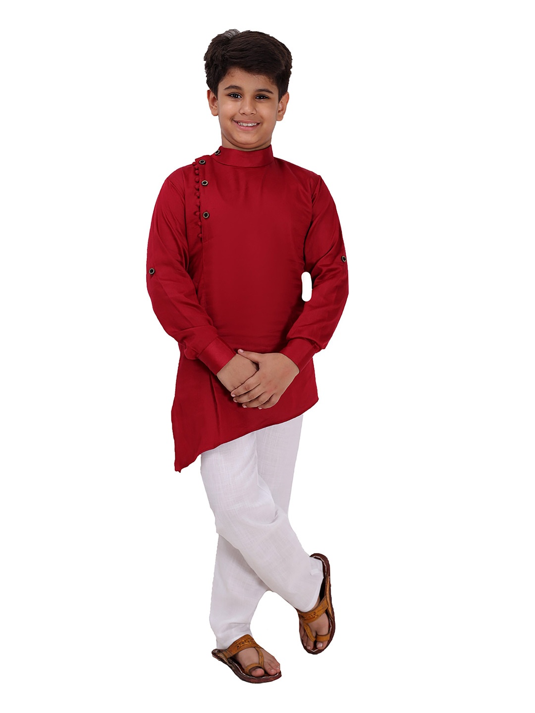 

FOURFOLDS Boys Maroon & White Solid Regular Kurta & Pyjamas