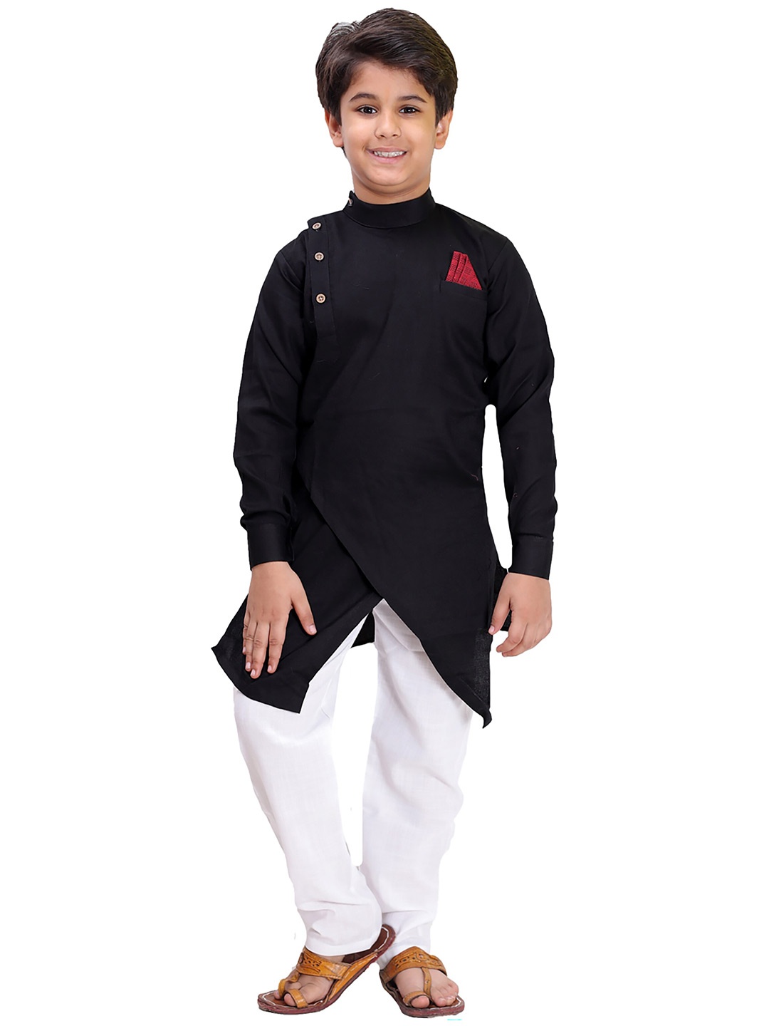

FOURFOLDS Boys Black Asymmetric Kurta with Trousers