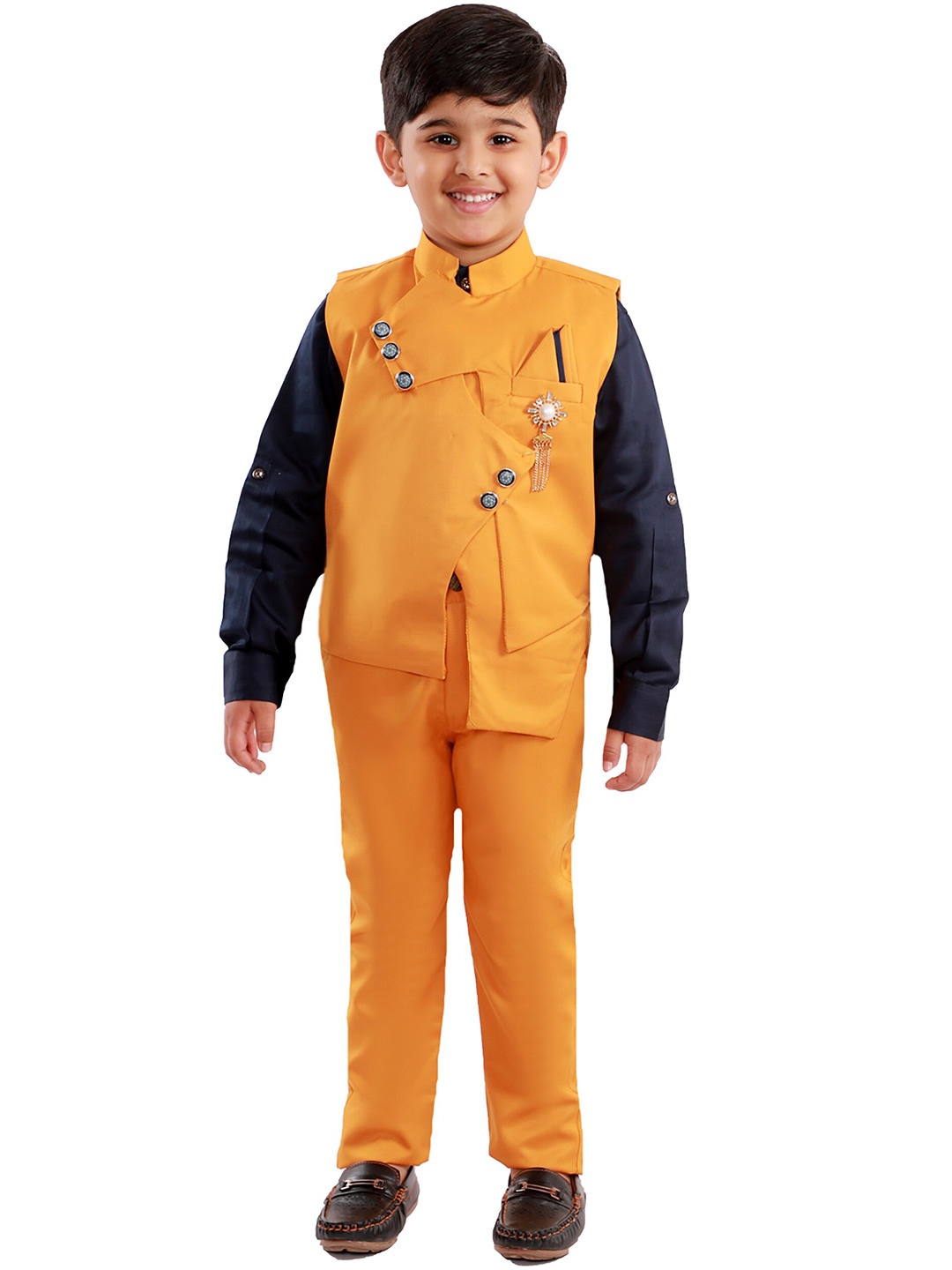 

FOURFOLDS Boys Mustard Yellow & Navy Blue Shirt with Trousers & Jacket