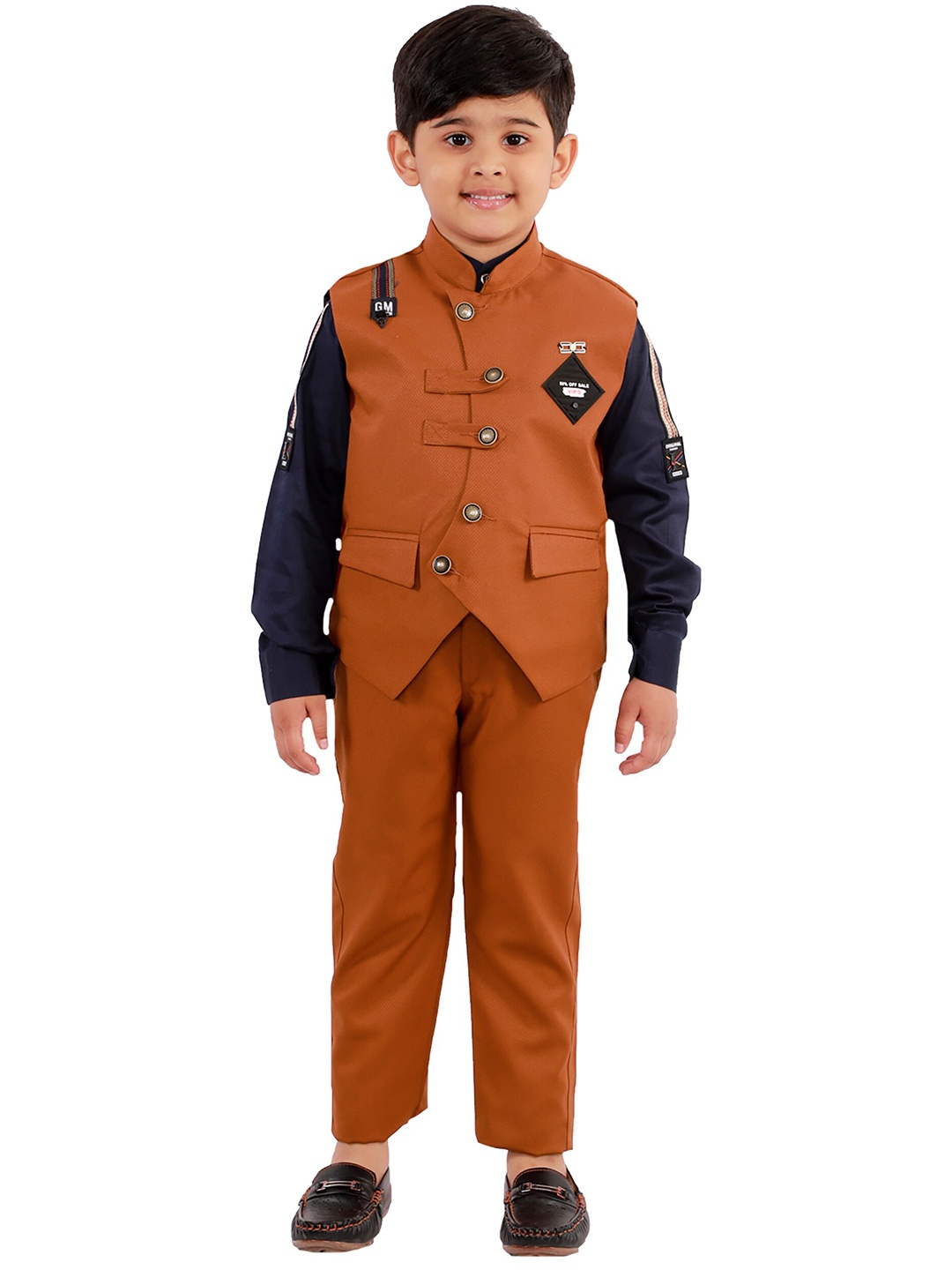 

FOURFOLDS Boys Brown & Navy Blue 3-Piece Suit