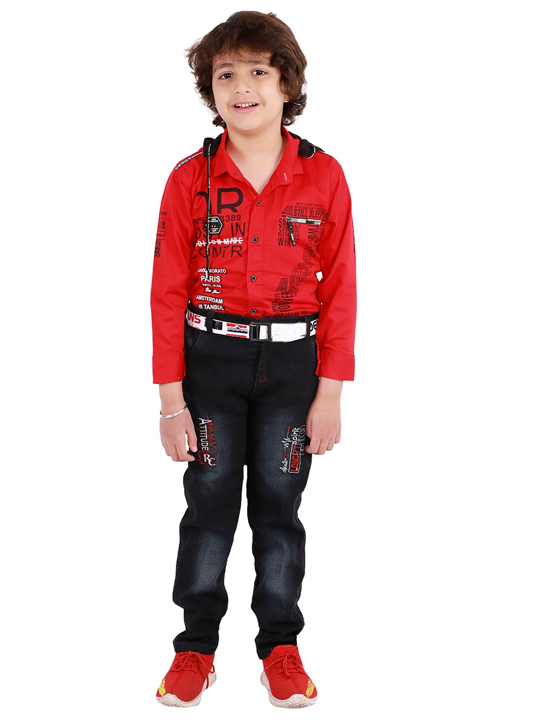 

FOURFOLDS Boys Red & Black Printed Shirt with Trousers