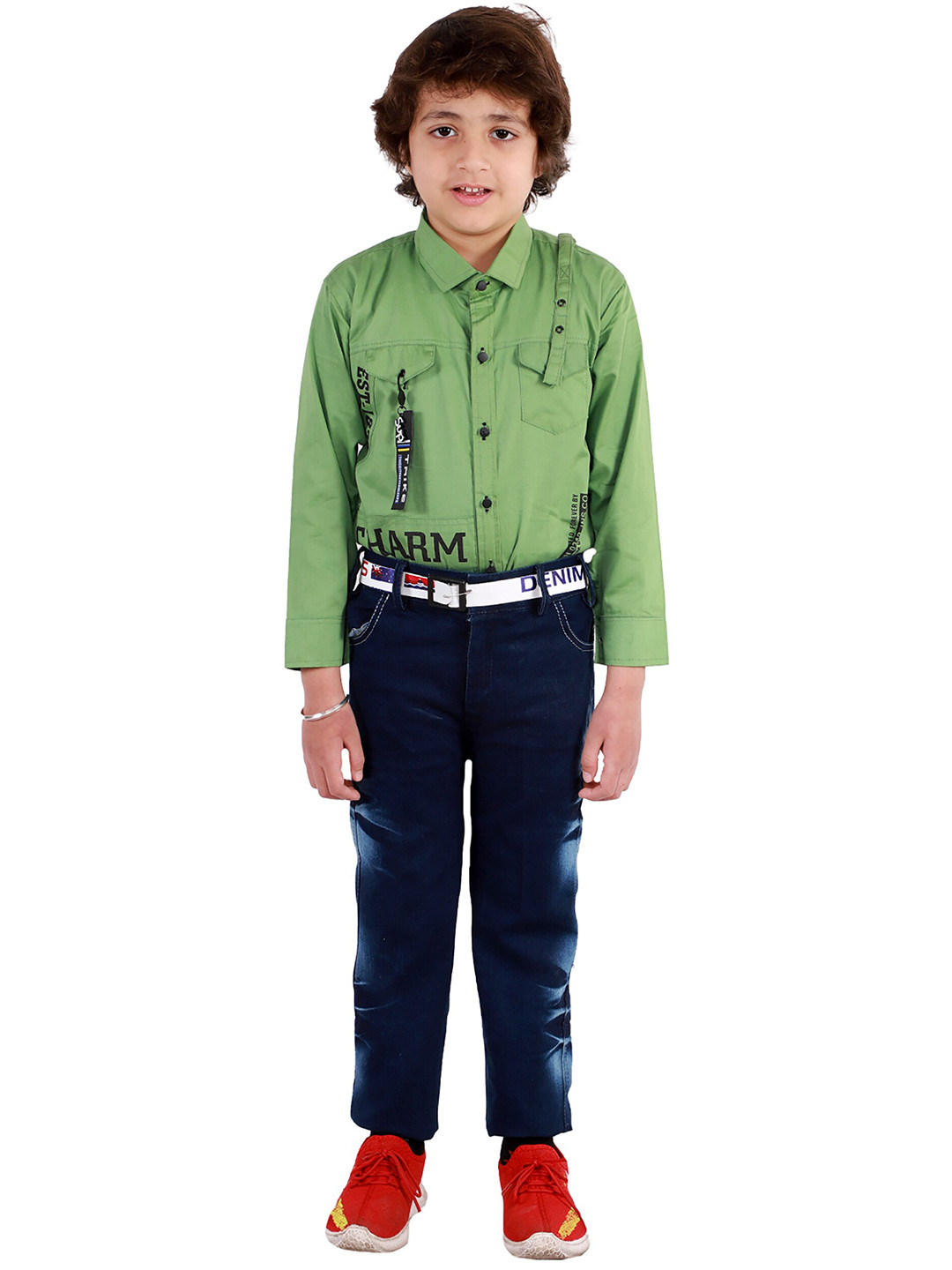 

FOURFOLDS Boys Green & Blue Printed Shirt with Trousers