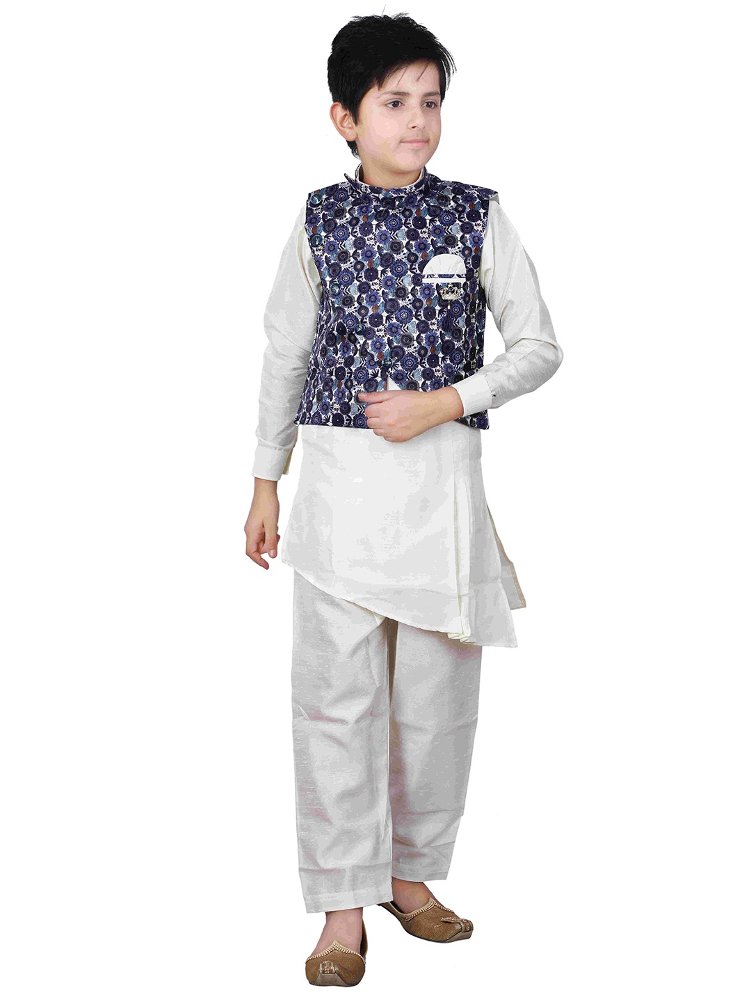 

FOURFOLDS Boys Navy Blue & White Kurta With Pyjamas & Waistcoat