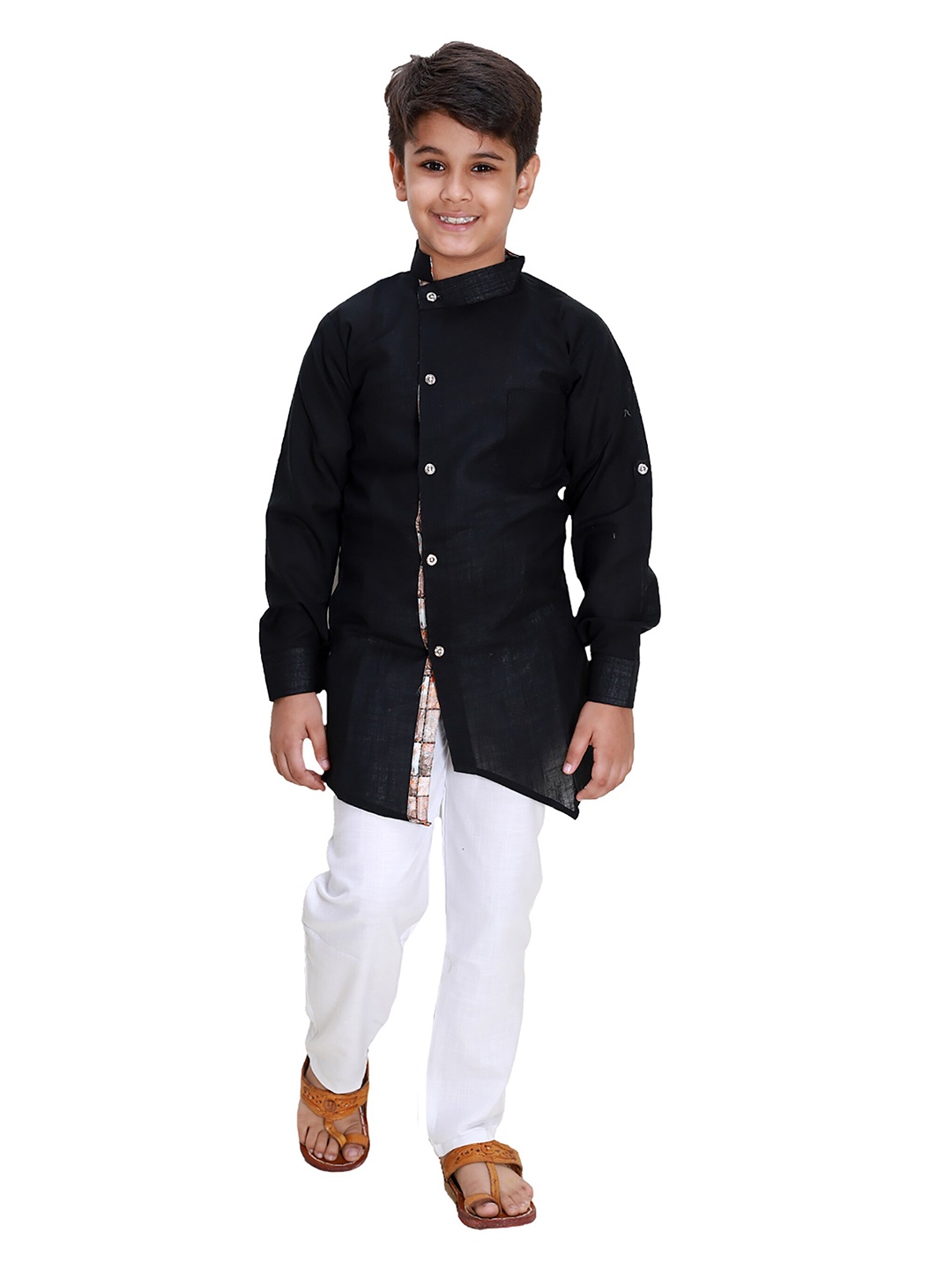 

FOURFOLDS Boys Asymmetric Kurta with Pyjamas, Black