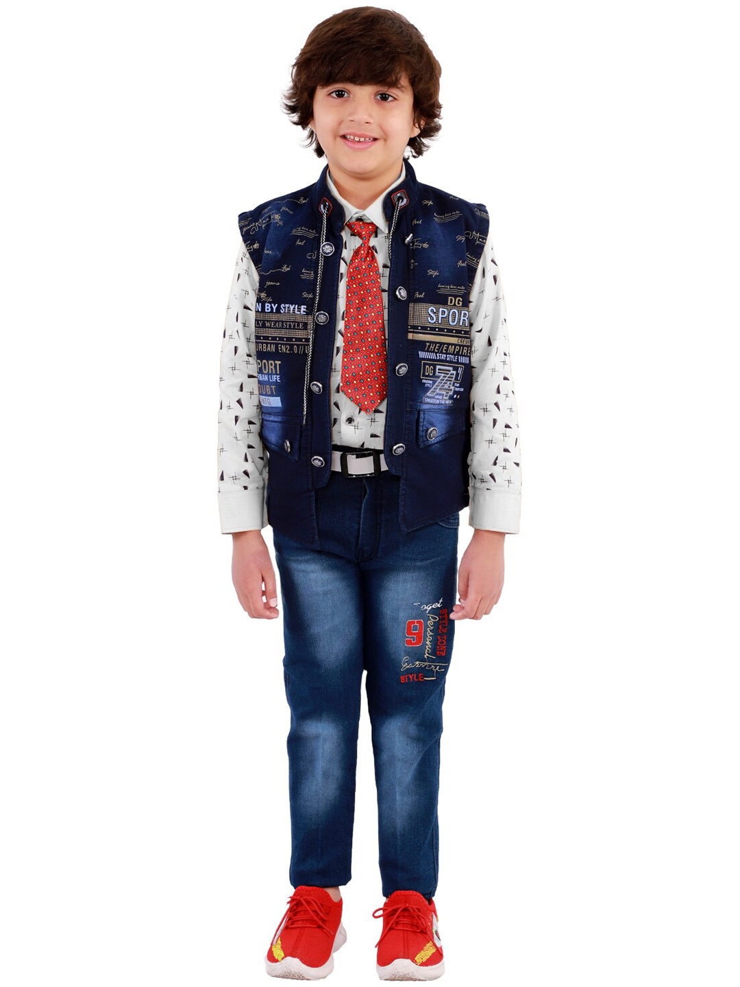 

FOURFOLDS Boys White & Blue Printed Shirt with Trousers