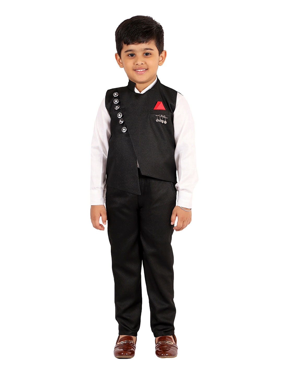 

FOURFOLDS Boys Black & Red Solid Shirt with Trousers