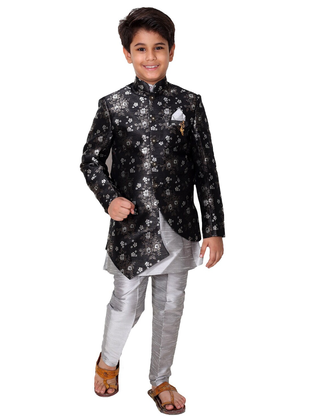 

FOURFOLDS Boys Floral Woven Design Slim-Fit Asymmetric Sherwani Set, Black