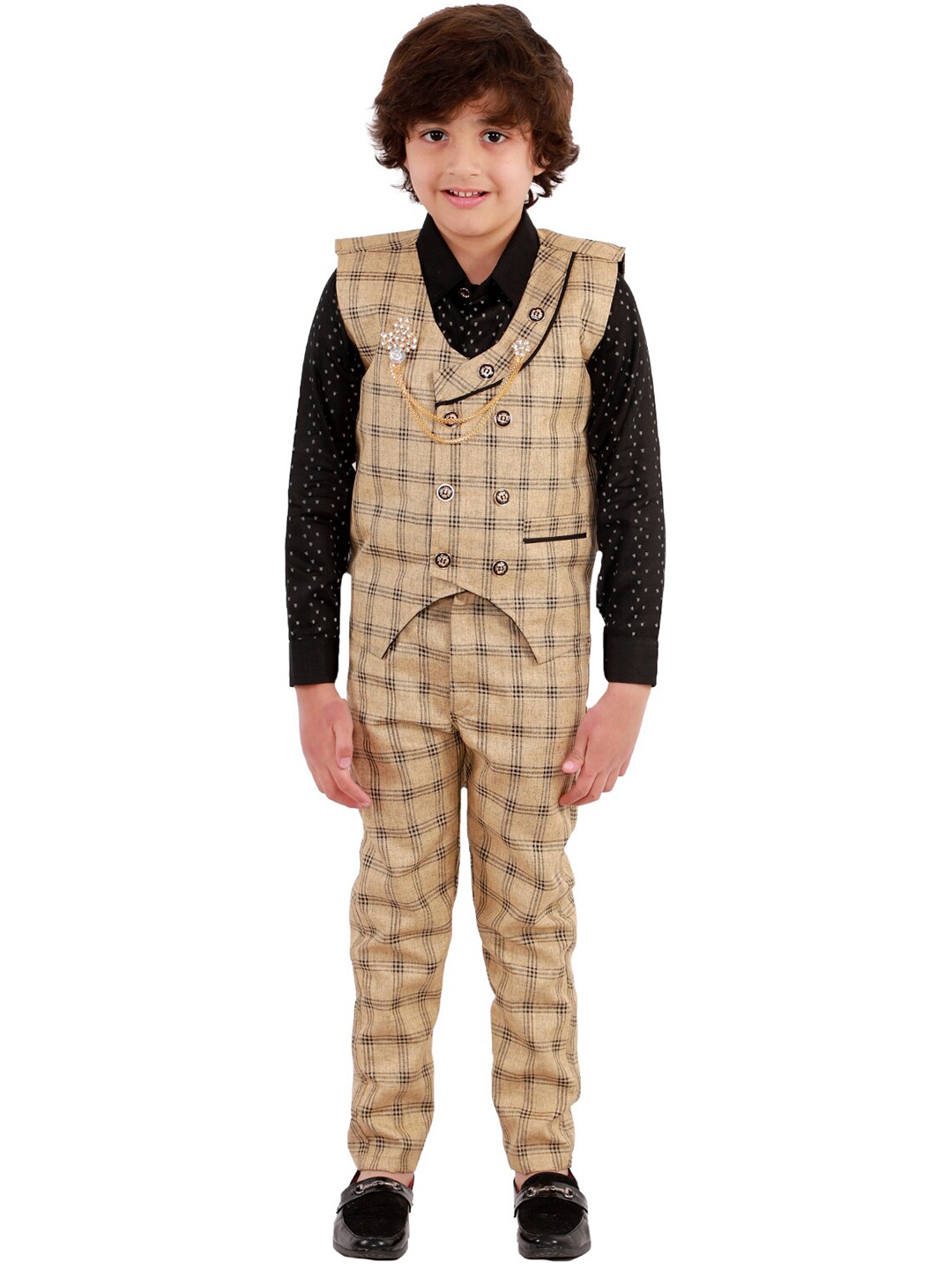 

FOURFOLDS Boys Beige & Black Checked Shirt with Trousers & Waistcoat