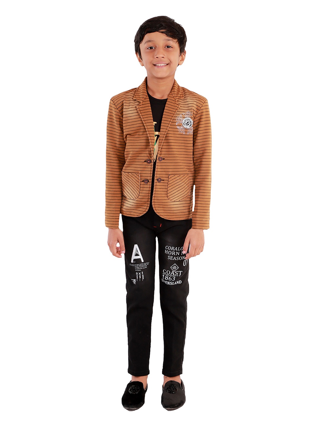 

FOURFOLDS Boys Brown & Black Printed Shirt with Trousers & Jacket