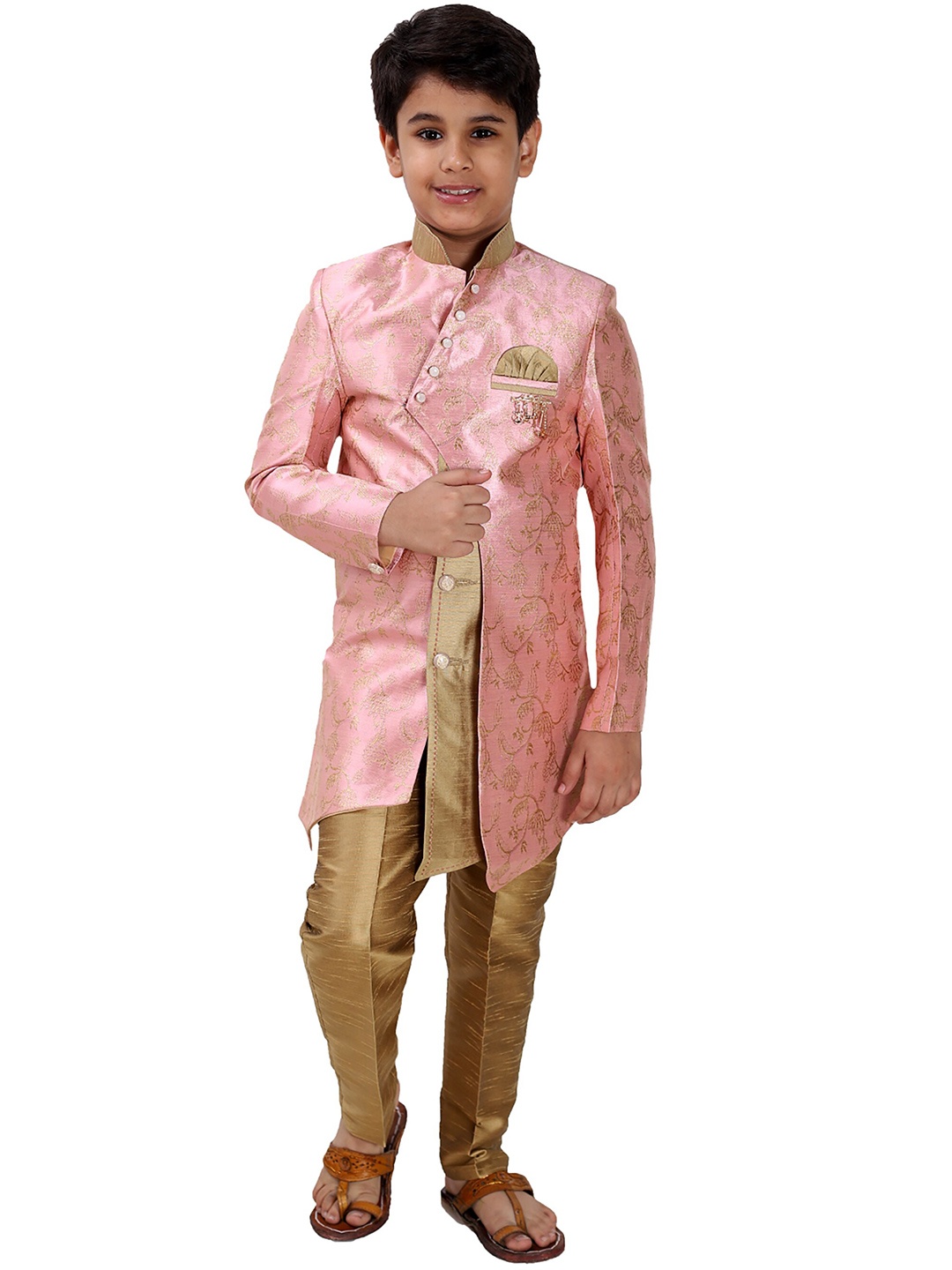 

FOURFOLDS Boys Pink & Beige Jodhpuri Bandhgala Indo Western Blazer & Trouser Set