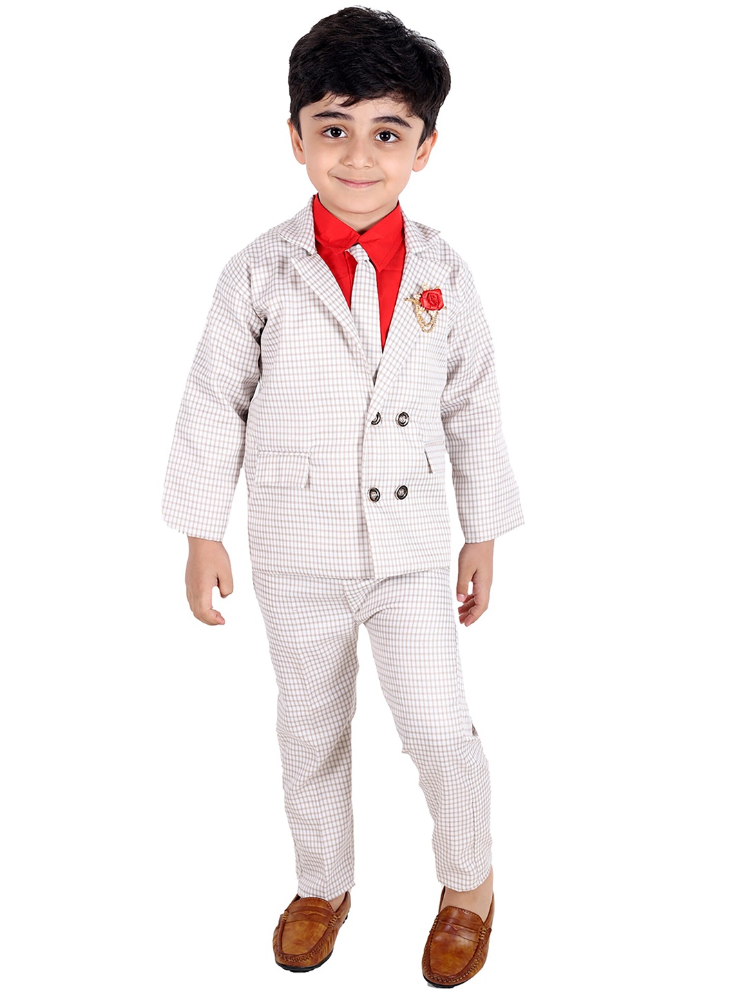 

FOURFOLDS Boys Red & White 4 Piece Coat Suit Set with Tie