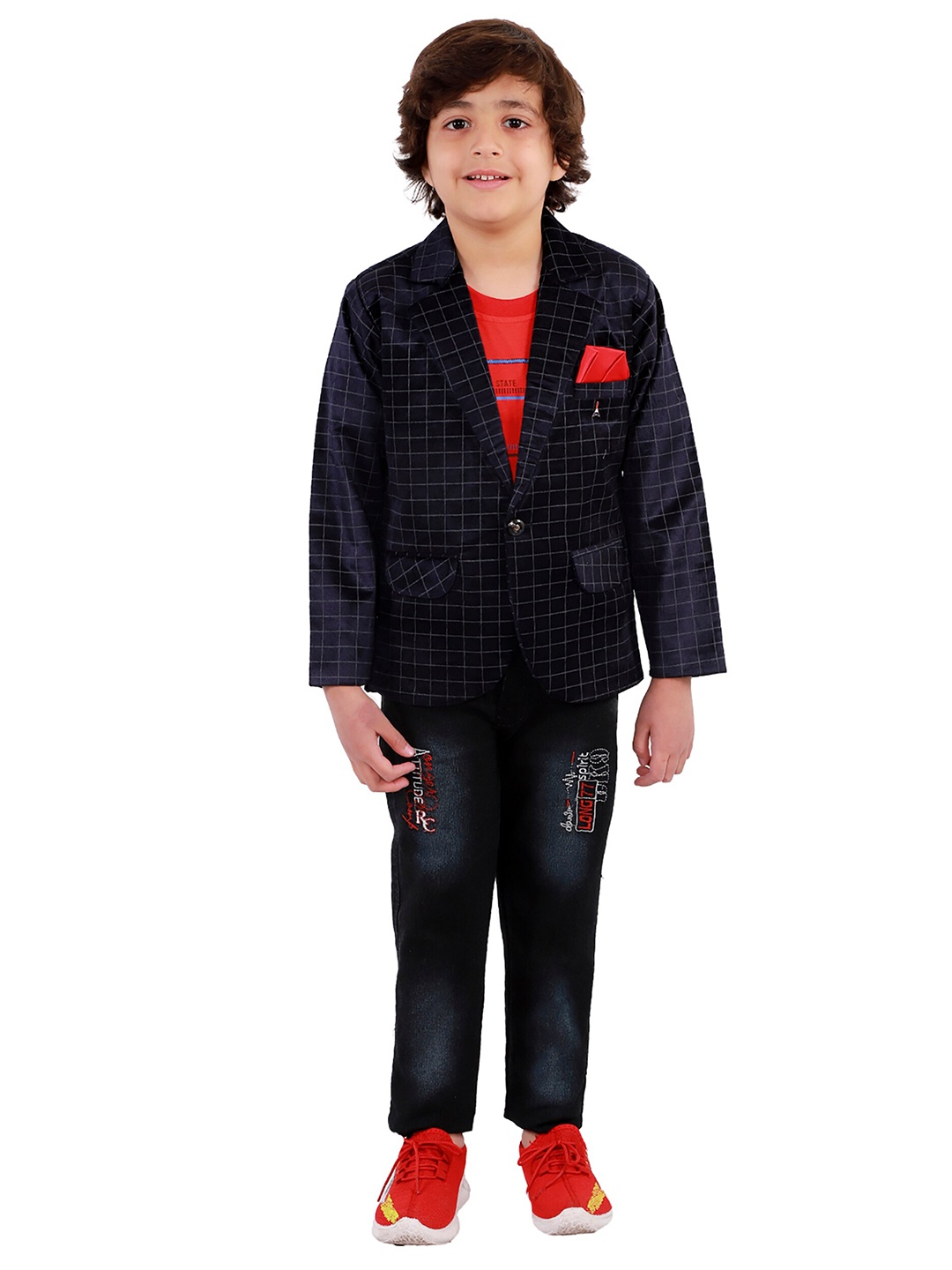 

FOURFOLDS Boys Blue & Red Printed 3-Piece Suit