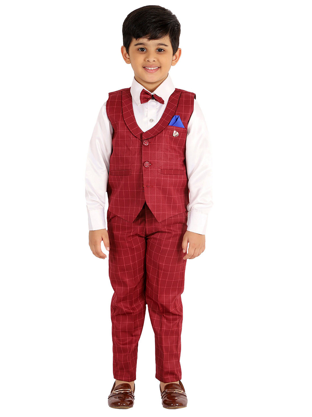

FOURFOLDS Boys Maroon & White Shirt with Trousers & With Waistcoat