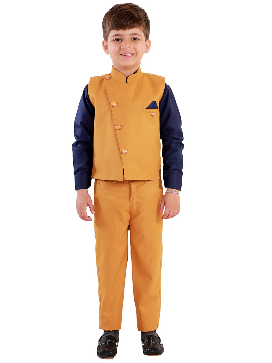 

FOURFOLDS Boys Mustard Yellow & Navy Blue Shirt with Trousers & Waistcoat