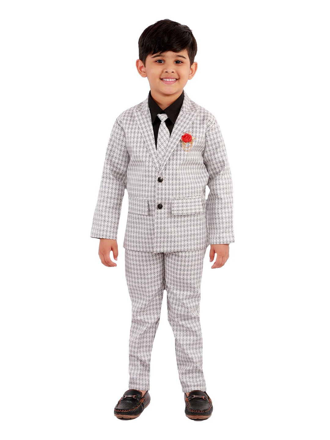 

FOURFOLDS Boys White & Black Checked 3 Piece Party Suit