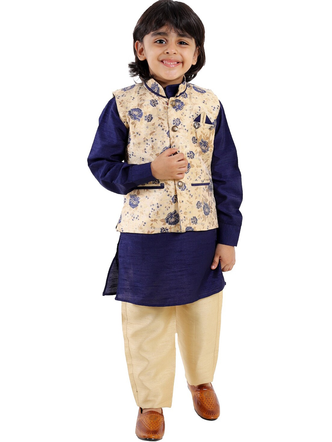 

FOURFOLDS Boys Blue & Beige Printed Kurta Pyjama With Nehru Jcket