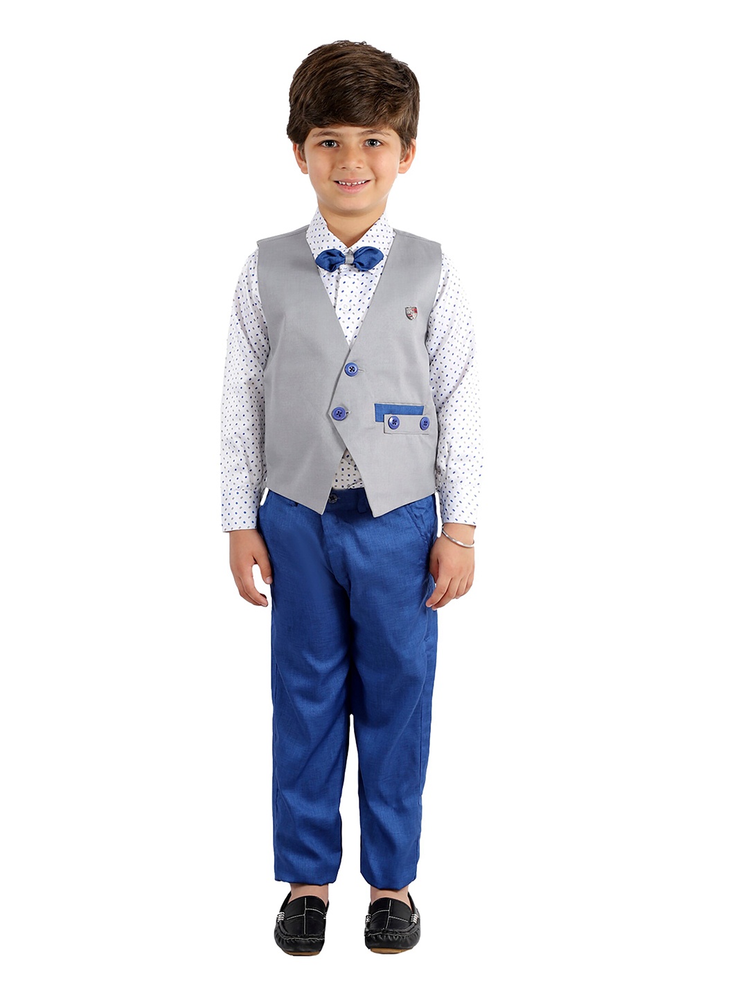 

FOURFOLDS Boys Blue & White Solid Shirt With Trousers & Waistcoat