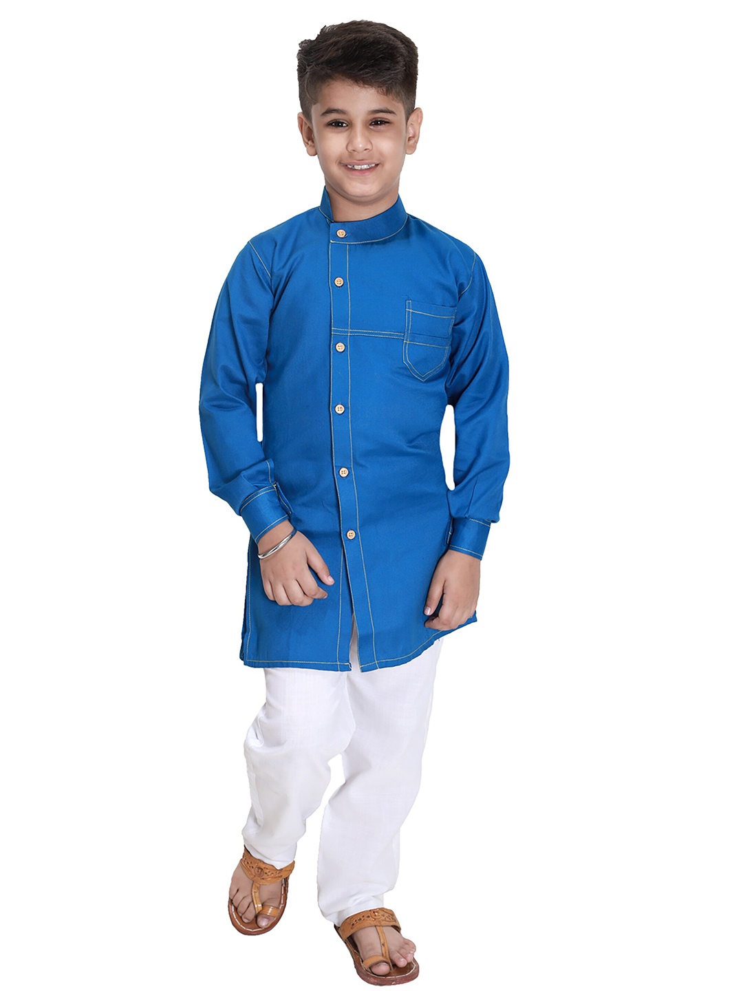

FOURFOLDS Boys Blue & White Solid Regular Kurta with Pyjamas