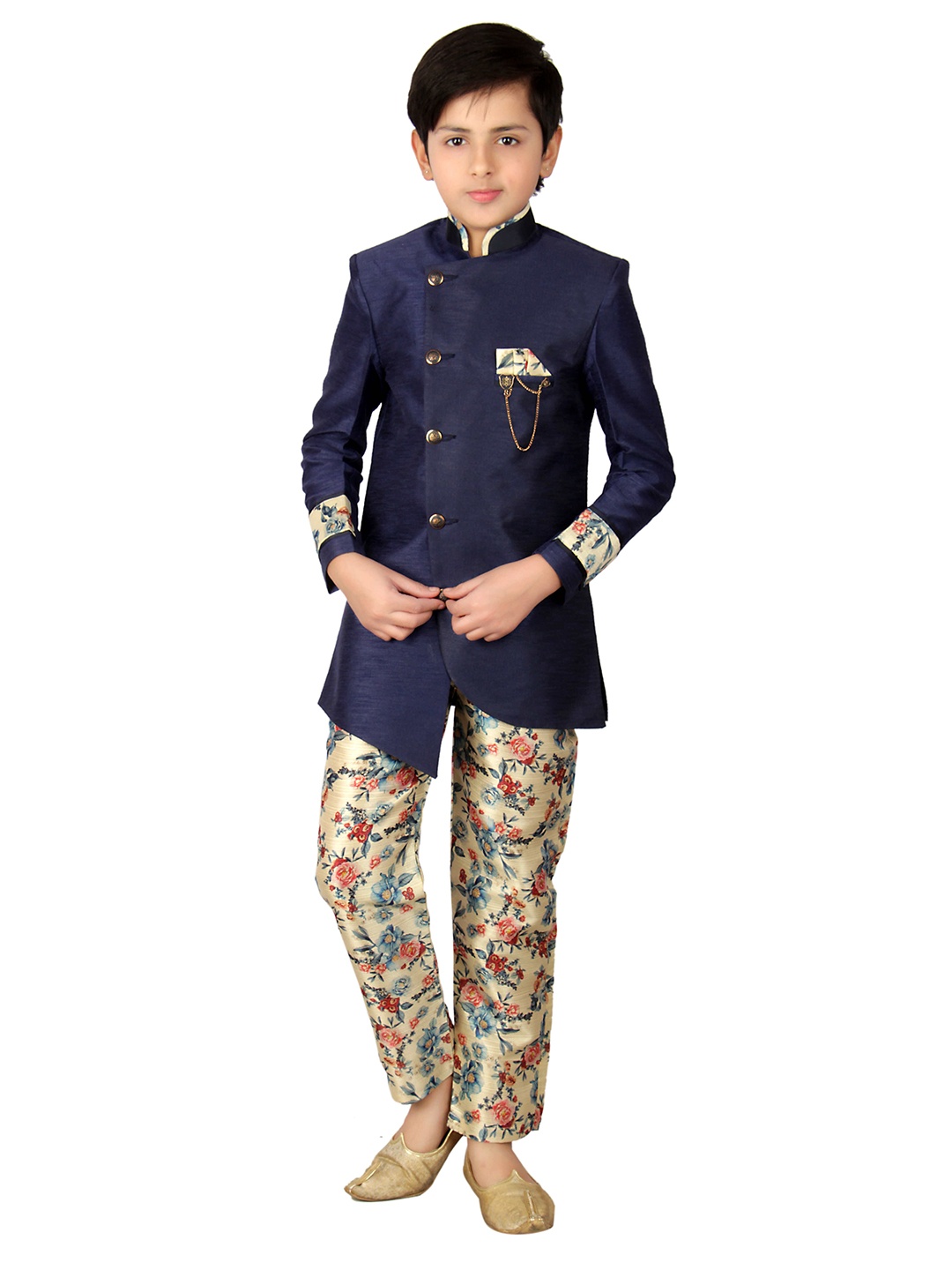 

FOURFOLDS Boys Blue & Beige Aysmmetric Kurta With Printed Trousers