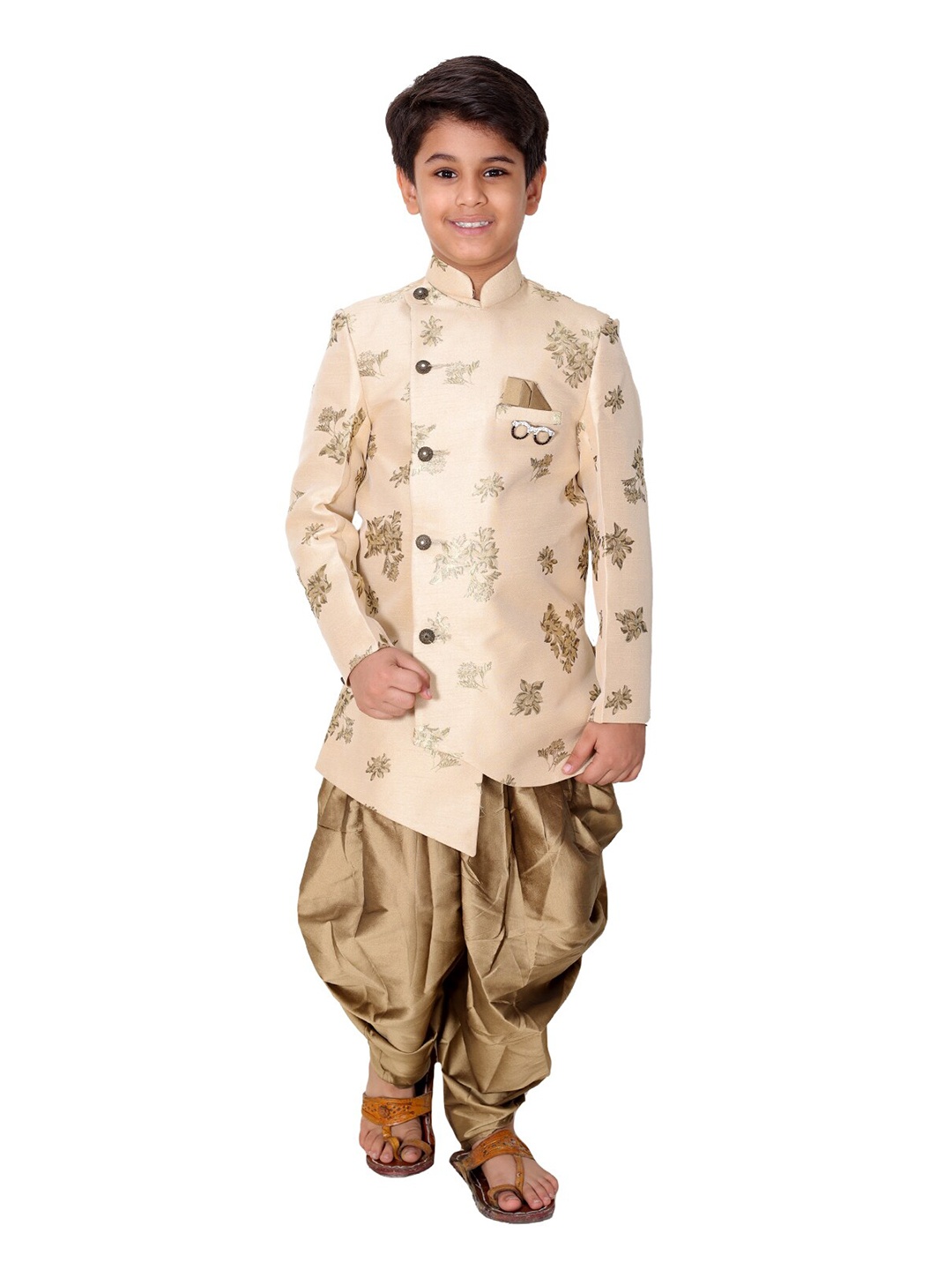 

FOURFOLDS Boys Beige & Gold-Toned Printed Kurta With Dhoti Pant