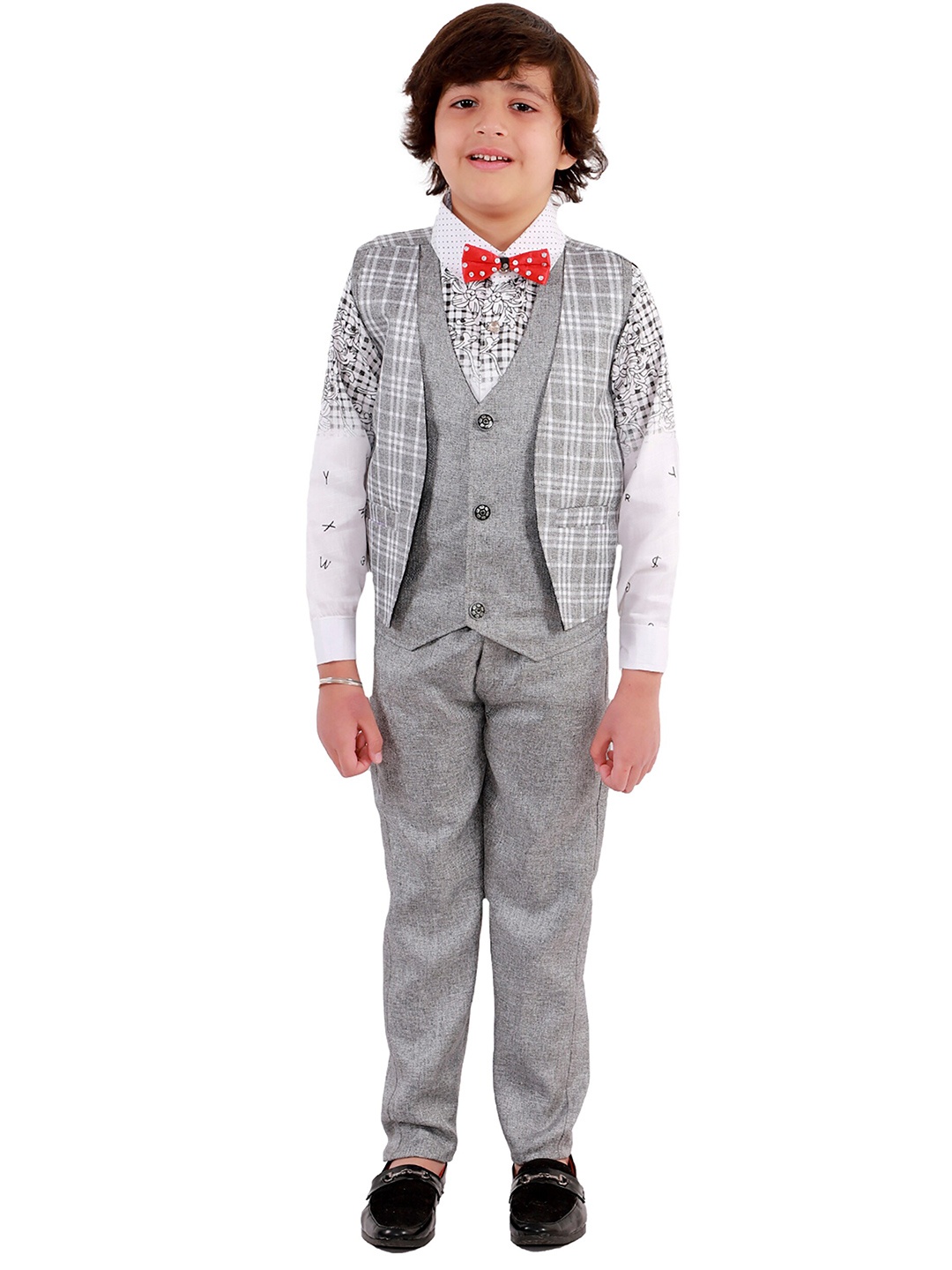 

FOURFOLDS Boys Grey & White Checked Shirt with Trousers