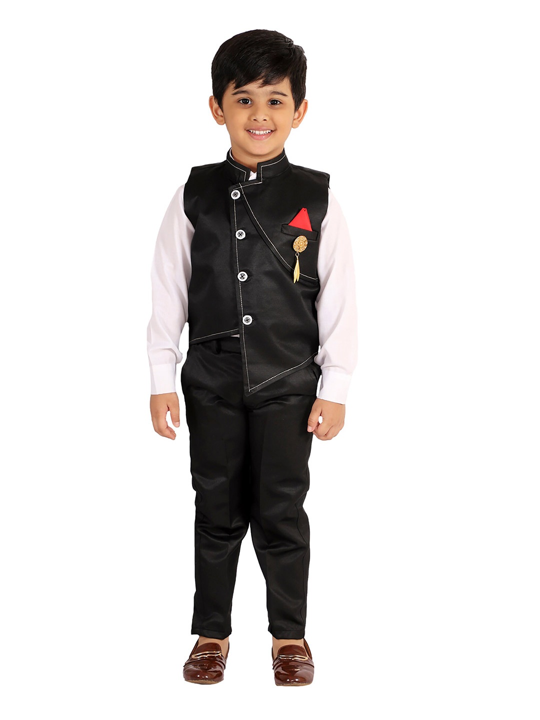 

FOURFOLDS Boys 3-Pcs Black & White Shirt with Trousers & Waistcoat