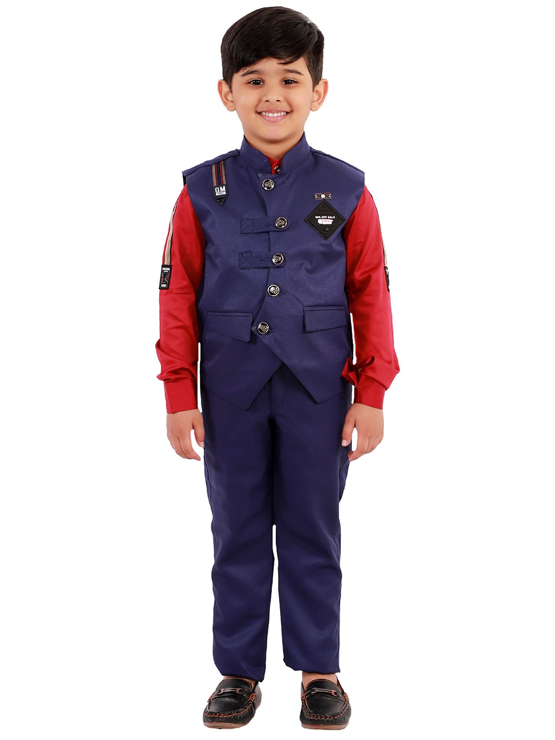 

FOURFOLDS Boys Navy Blue & Red Shirt with Trousers & Waistcoat
