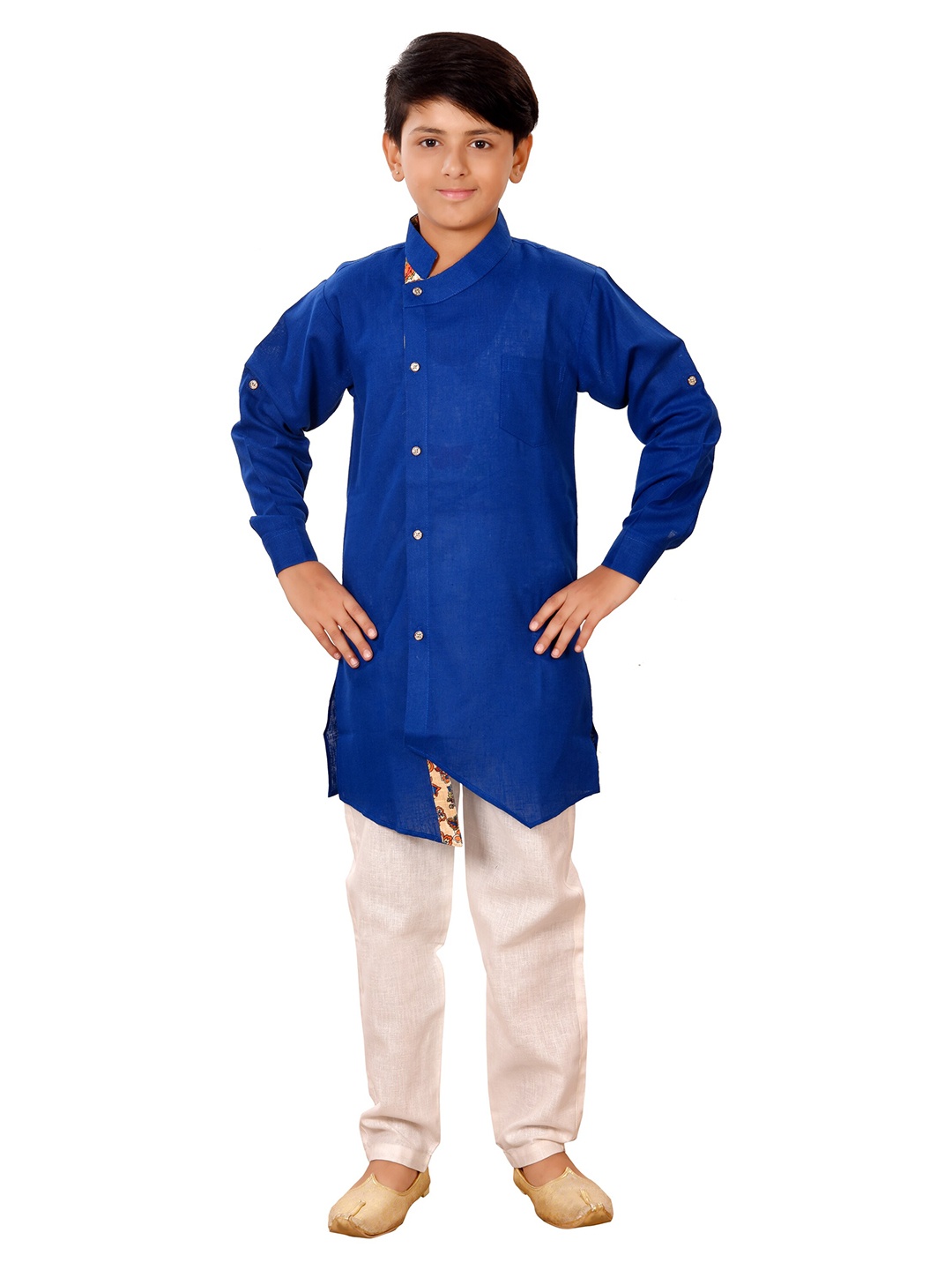 

FOURFOLDS Boys Blue & White Solid Kurta With Pyjamas