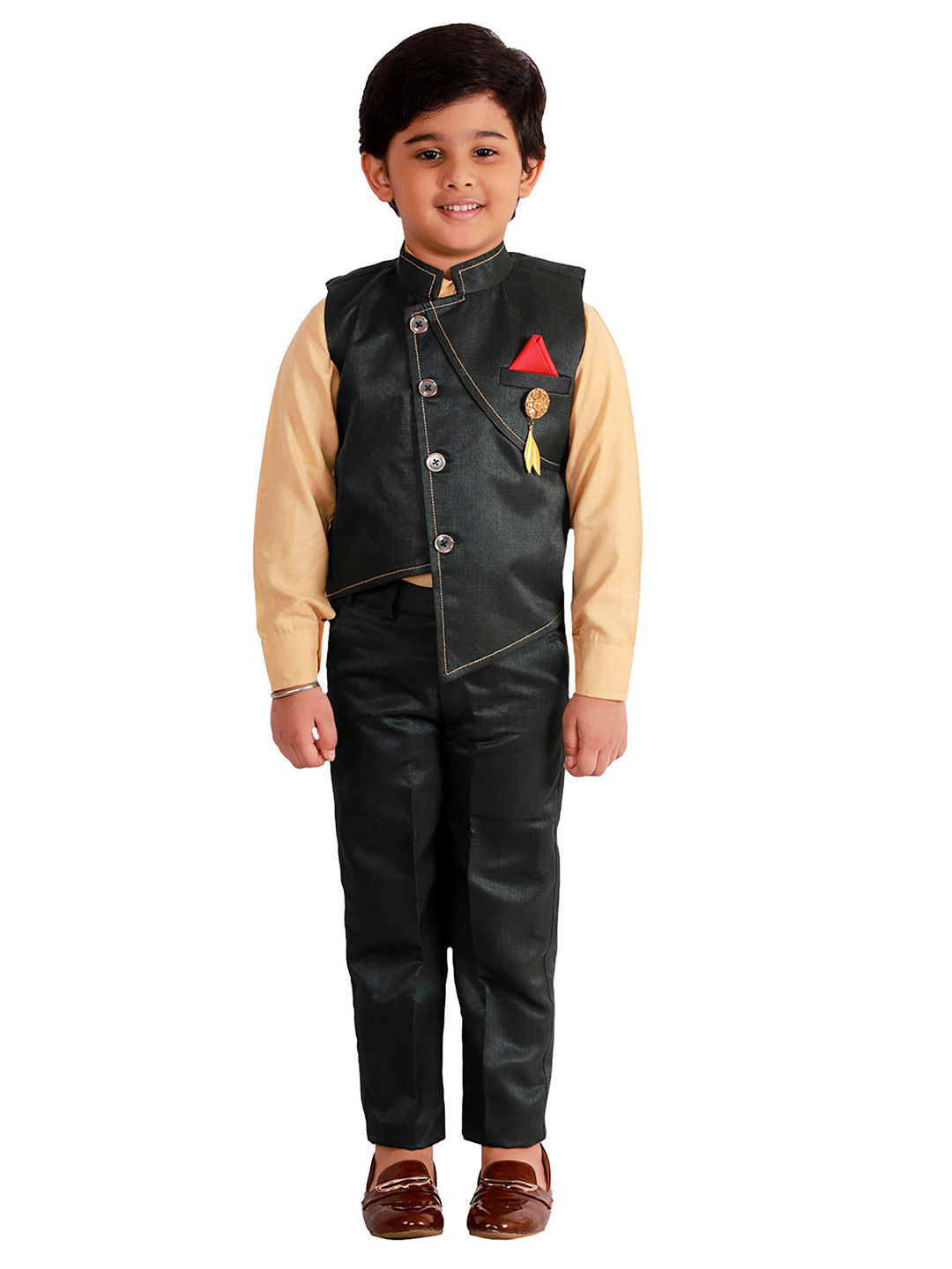 

FOURFOLDS Boys Green & Tan 3 Piece Suit