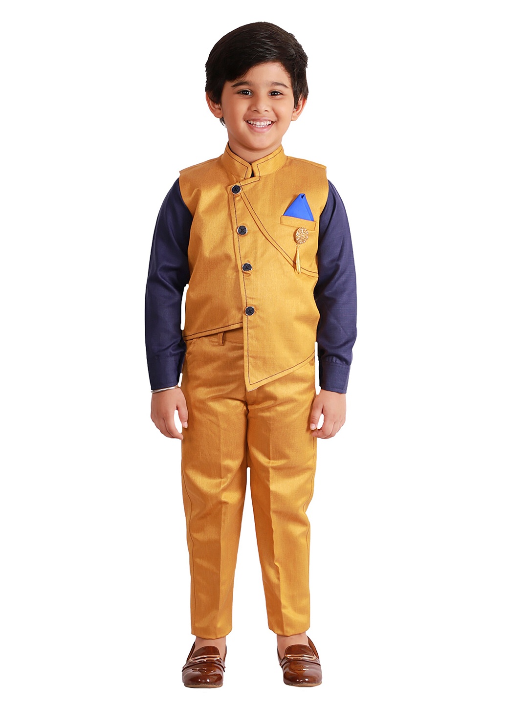 

FOURFOLDS Boys Mustard & Navy Blue 3 Piece Suit Set