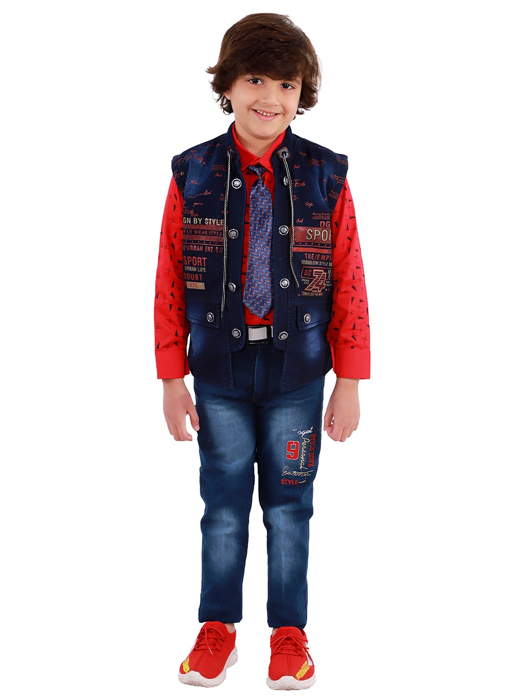 

FOURFOLDS Boys Red & Blue Printed Shirt with Trousers