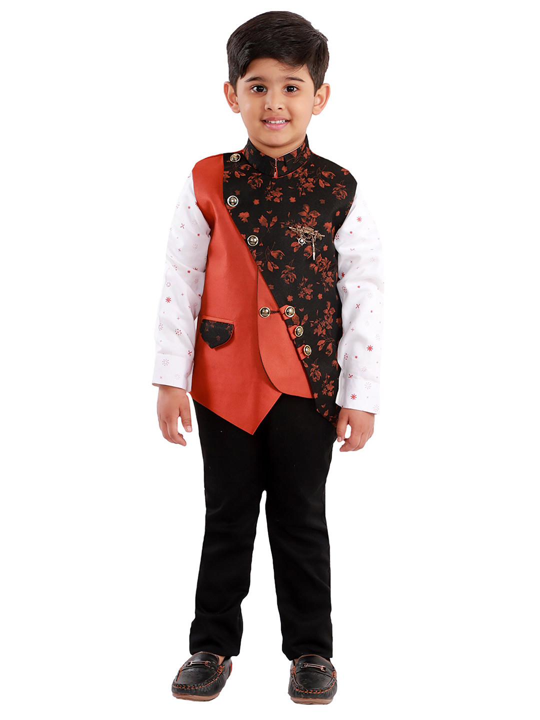 

FOURFOLDS Boys Orange & Black Printed Shirt with Trousers & Nehru Jacket