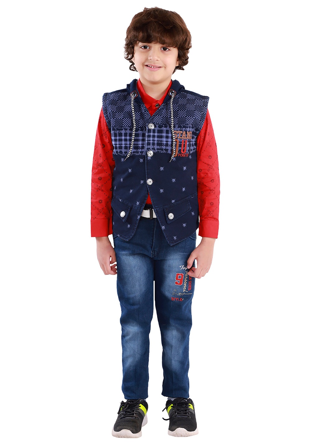 

FOURFOLDS Boys Red & Blue Printed Shirt with Trousers