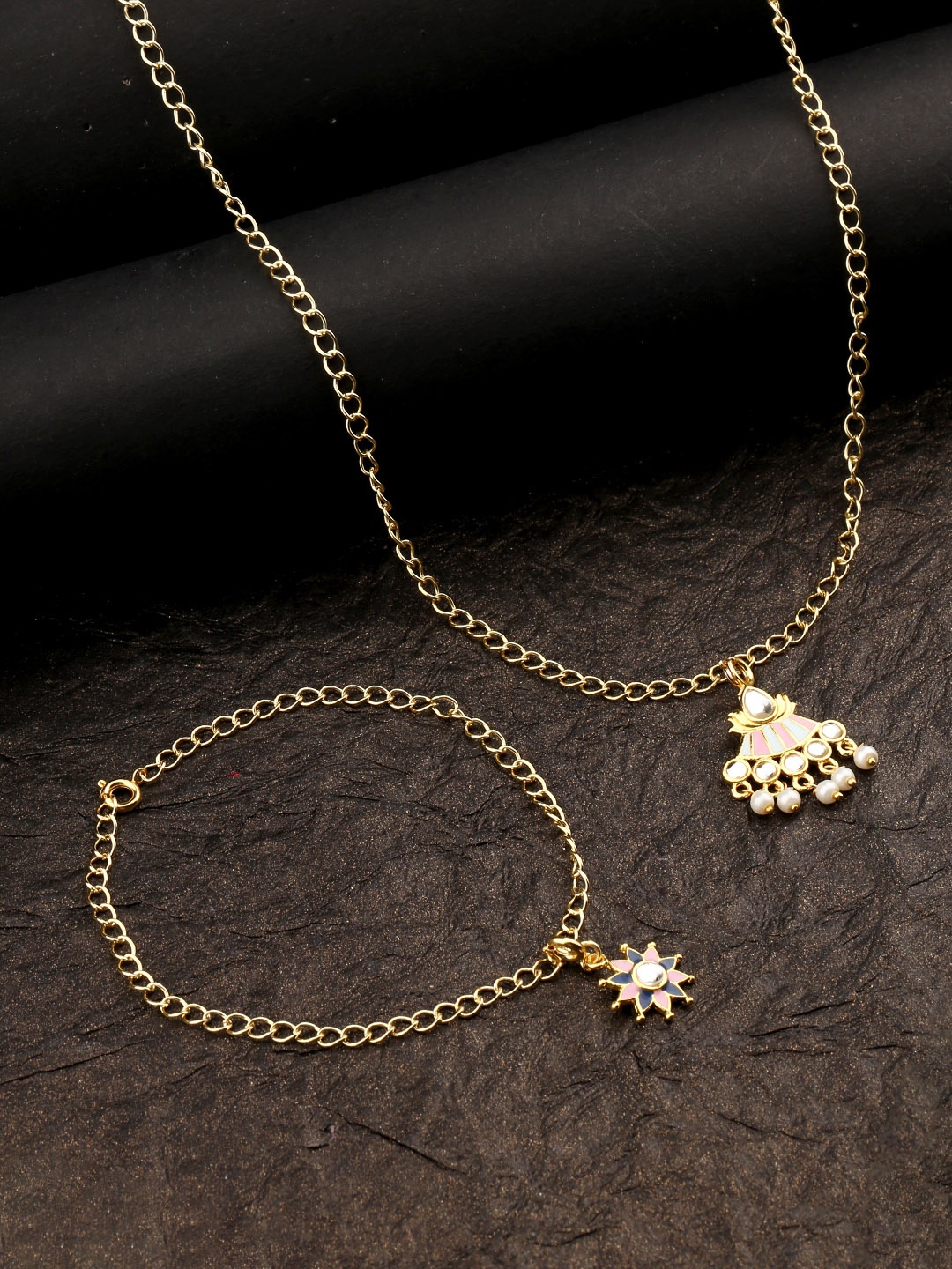 

Voylla Womens Gold Floral Enameled Charms Pendant With Chain and Bracelets