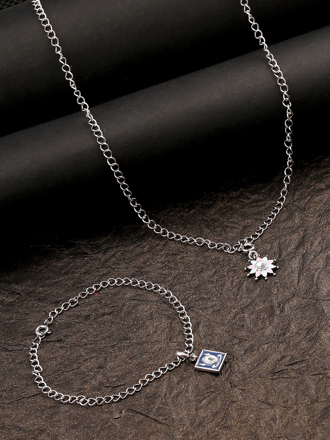 

Voylla Womens Silver-Plated Enameled Floral Charms Pendant with Bracelet