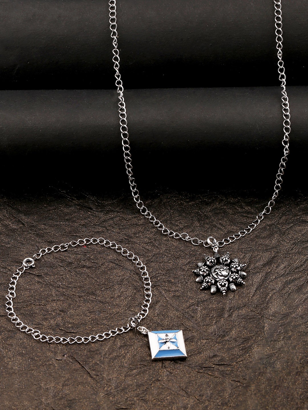 

Voylla Womens Silver-Plated Oxidized Enameled Charms Pendant with Bracelet