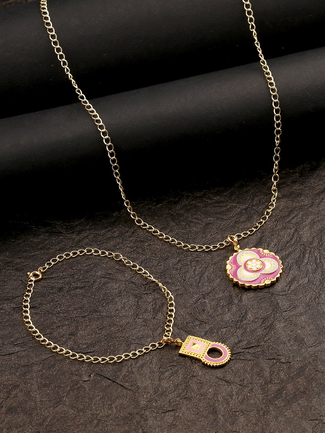 

Voylla Womens Gold-Plated Floral Enameled Charms Pendant With Chain and Bracelets