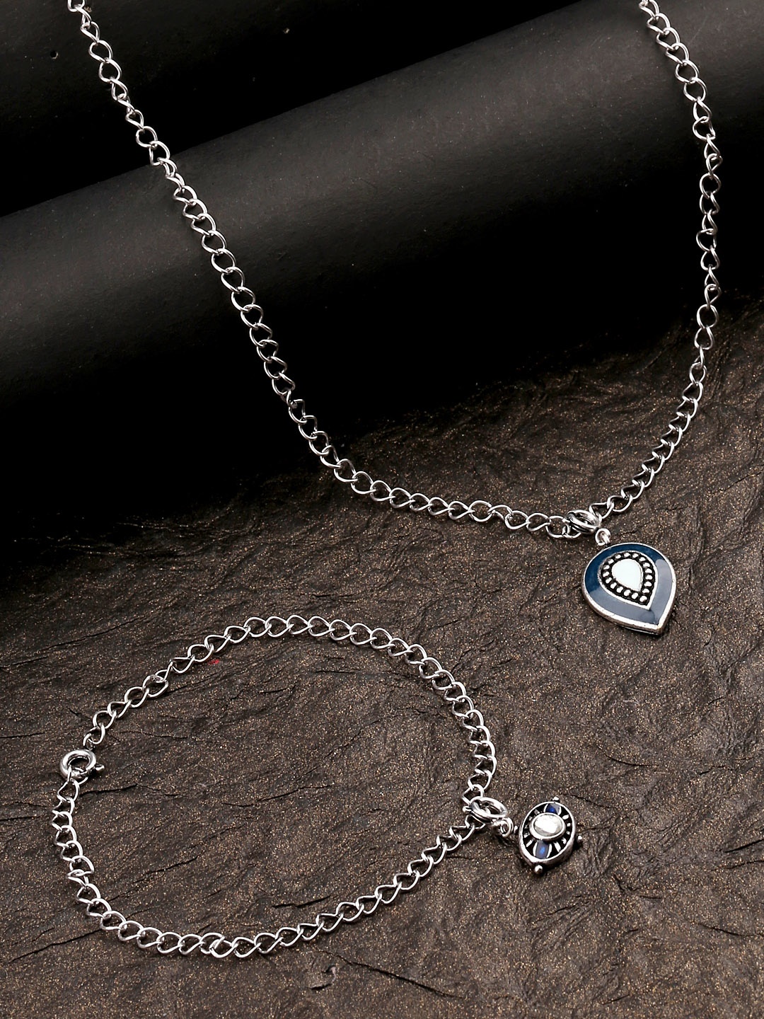 

Voylla Womens Silver-Plated Pear And Eye Charms Pendant with Chain & Bracelet
