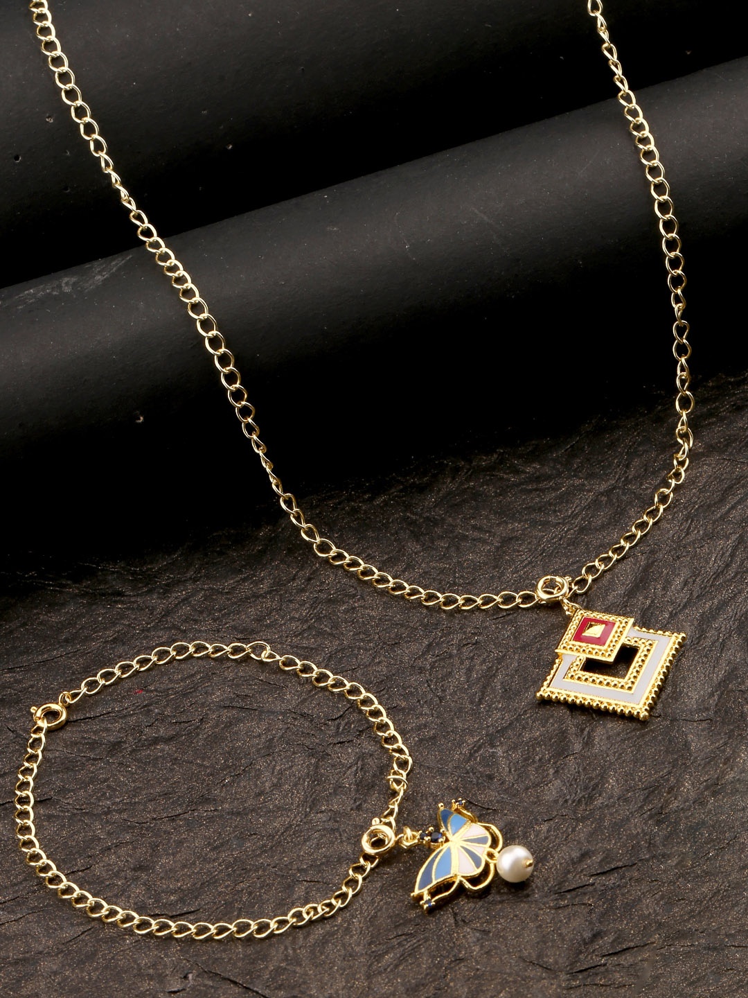 

Voylla Womens Gold-Plated Butterfly Enameled Charms Pendant With Chain and Bracelets