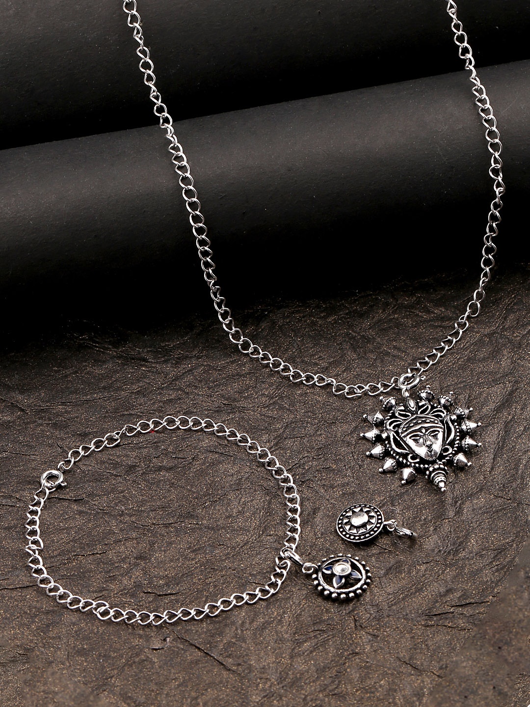 

Voylla Womens Silver-Plated Divine Oxidized Charms Pendant with Bracelet