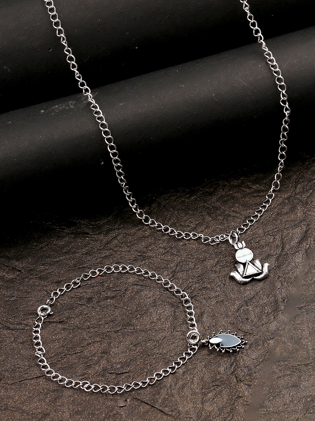 

Voylla Womens Silver-Plated Antique Oxidized Charms Pendant with Bracelet