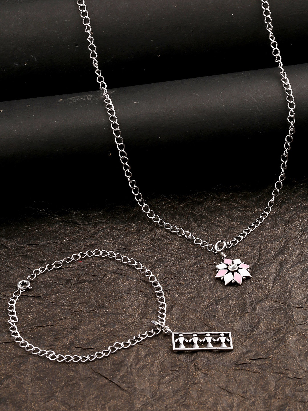 

Voylla Silver-Plated Floral Enameled Charms Pendant with Chain & Bracelet
