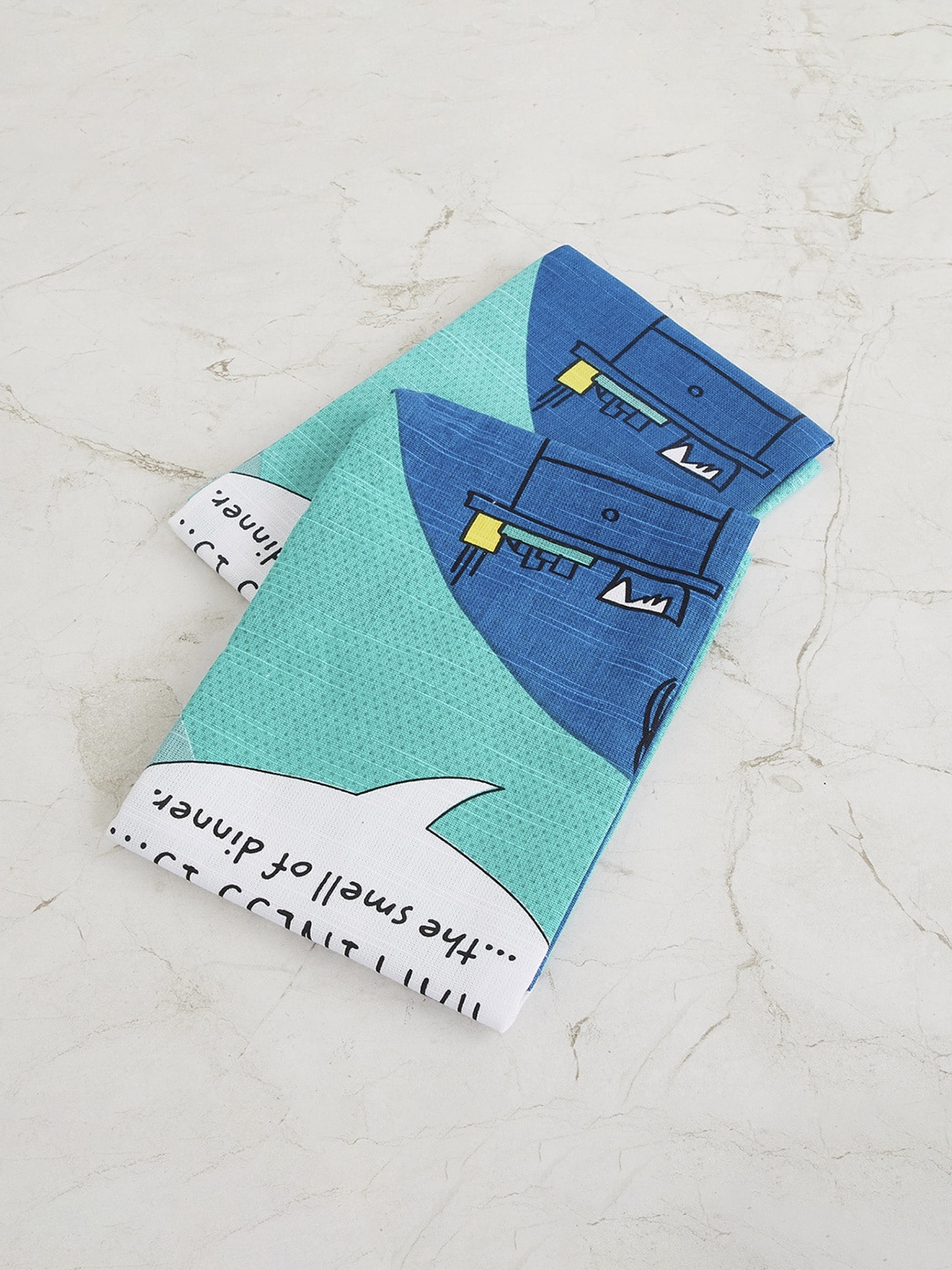 

Home Centre Set Of 2 Blue & White Happiness Printed Cotton Kitchen Towels