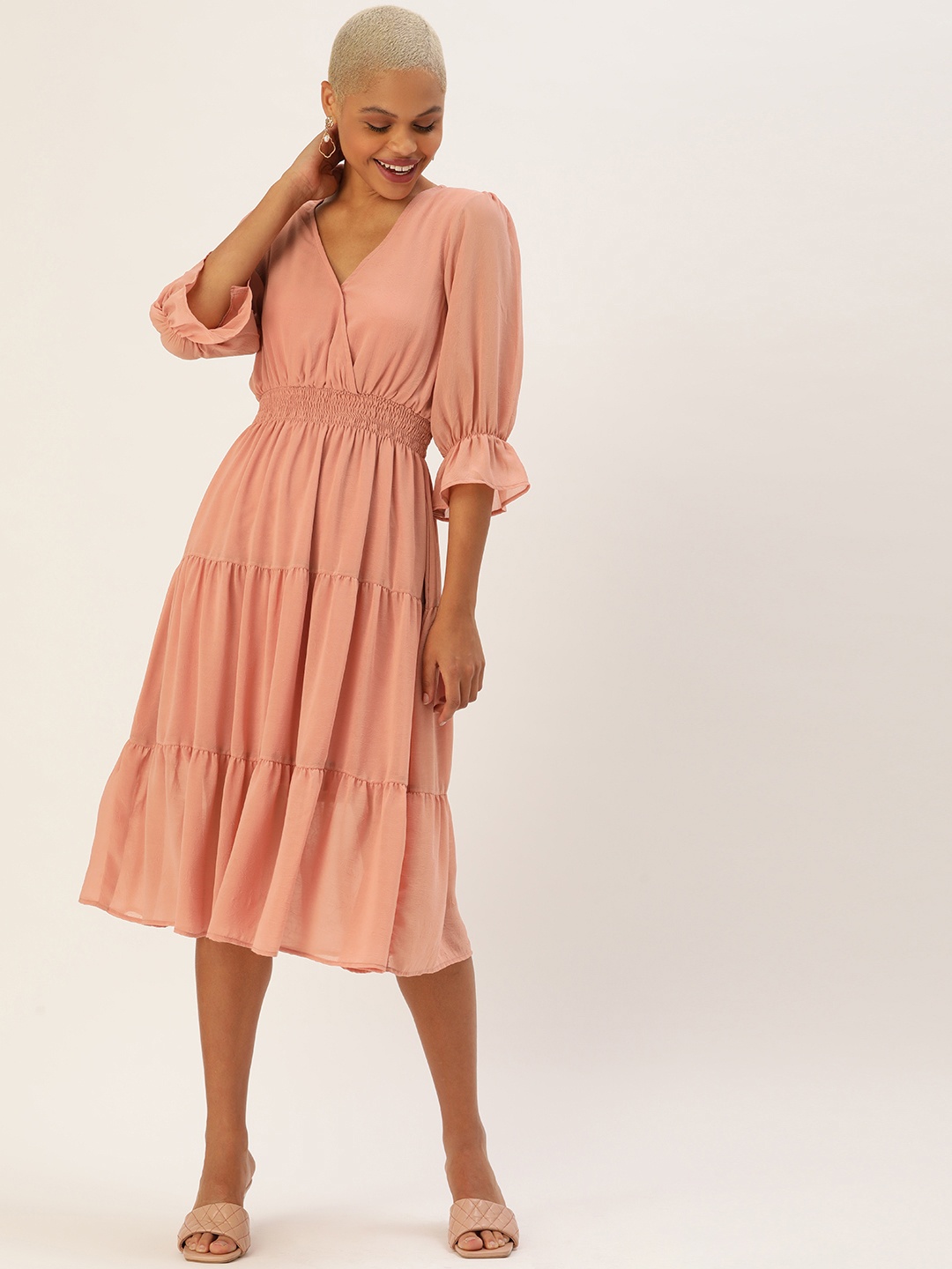 

MELOSO Peach-Coloured Georgette A-Line Midi Dress